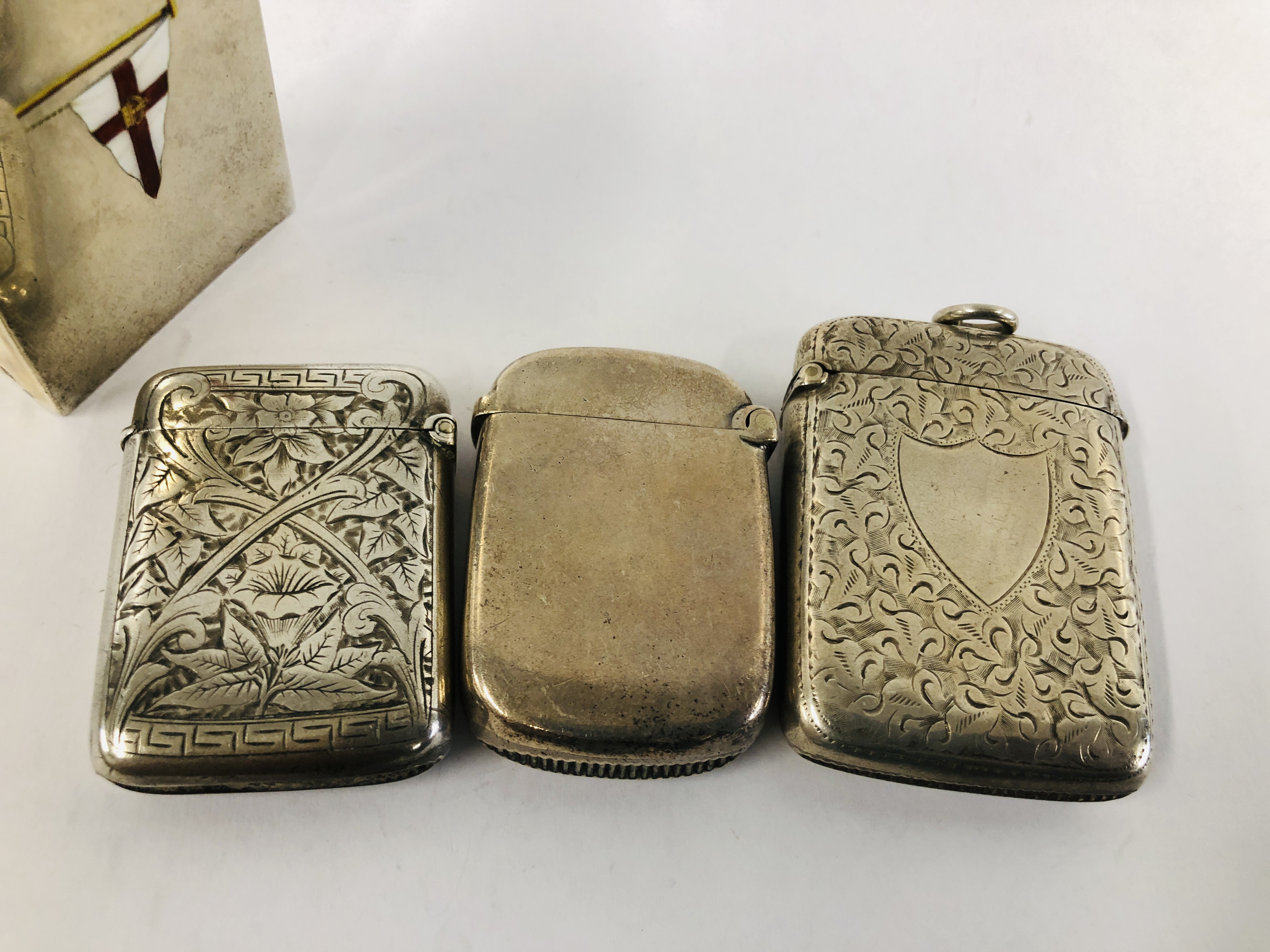 THREE VARIOUS SILVER VESTA CASES ALL BIRMINGHAM ASSAY ALONG WITH A MATCHBOX HOLDER WITH ENAMELLED - Image 3 of 11