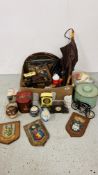 BOX OF ASSORTED COLLECTABLES TO INCLUDE VINTAGE TINS, WOODEN PLANE AND MALLET, BMW MOTORCYCLE,