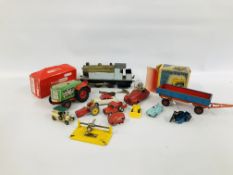 BOX OF VINTAGE DIE-CAST VEHICLES AND TRAINS TO INCLUDE A TIN PLATE WIND UP RECORD 718 TRACTOR,