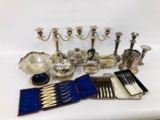 BOX OF ASSORTED VINTAGE PLATED WARES TO INCLUDE THREE PIECE TEA SET,
