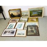 A GROUP OF 12 FRAMED PRINTS AND ORIGINAL ARTWORKS TO INCLUDE OIL ON BOARD THATCHED COTTAGE BEARING