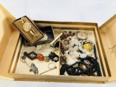 BOX OF VINTAGE COSTUME JEWELLERY TO INCLUDE CAMEO BROOCH, WATCH, LORGNETTE, RINGS, ETC.