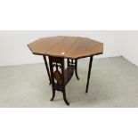 A SMALL ANTIQUE MAHOGANY OCTAGONAL TOP DROP FLAP TABLE WITH INLAID DETAIL AND SPLAYED LEG WIDTH