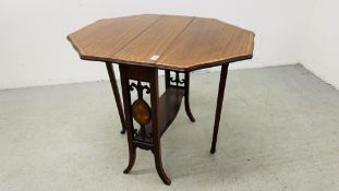 A SMALL ANTIQUE MAHOGANY OCTAGONAL TOP DROP FLAP TABLE WITH INLAID DETAIL AND SPLAYED LEG WIDTH