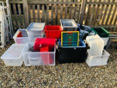 LARGE QUANTITY OF ASSORTED PLASTIC STORAGE BOXES.