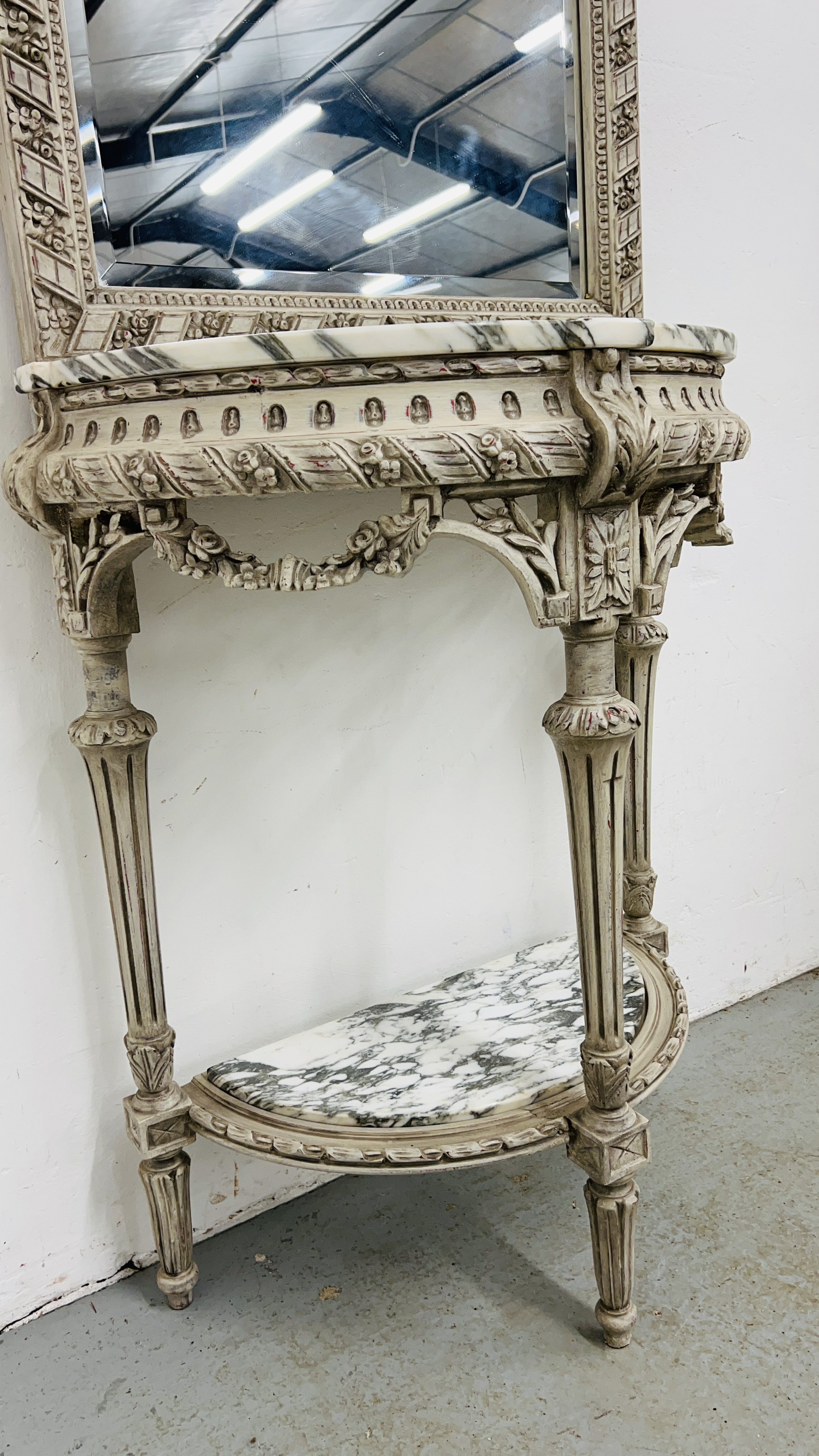 A CONTINENTAL MARBLE TOP HALF MOON SIDE TABLE ON ORNATE CARVED BASE AND SHELF BELOW WITH MIRRORED - Image 6 of 10