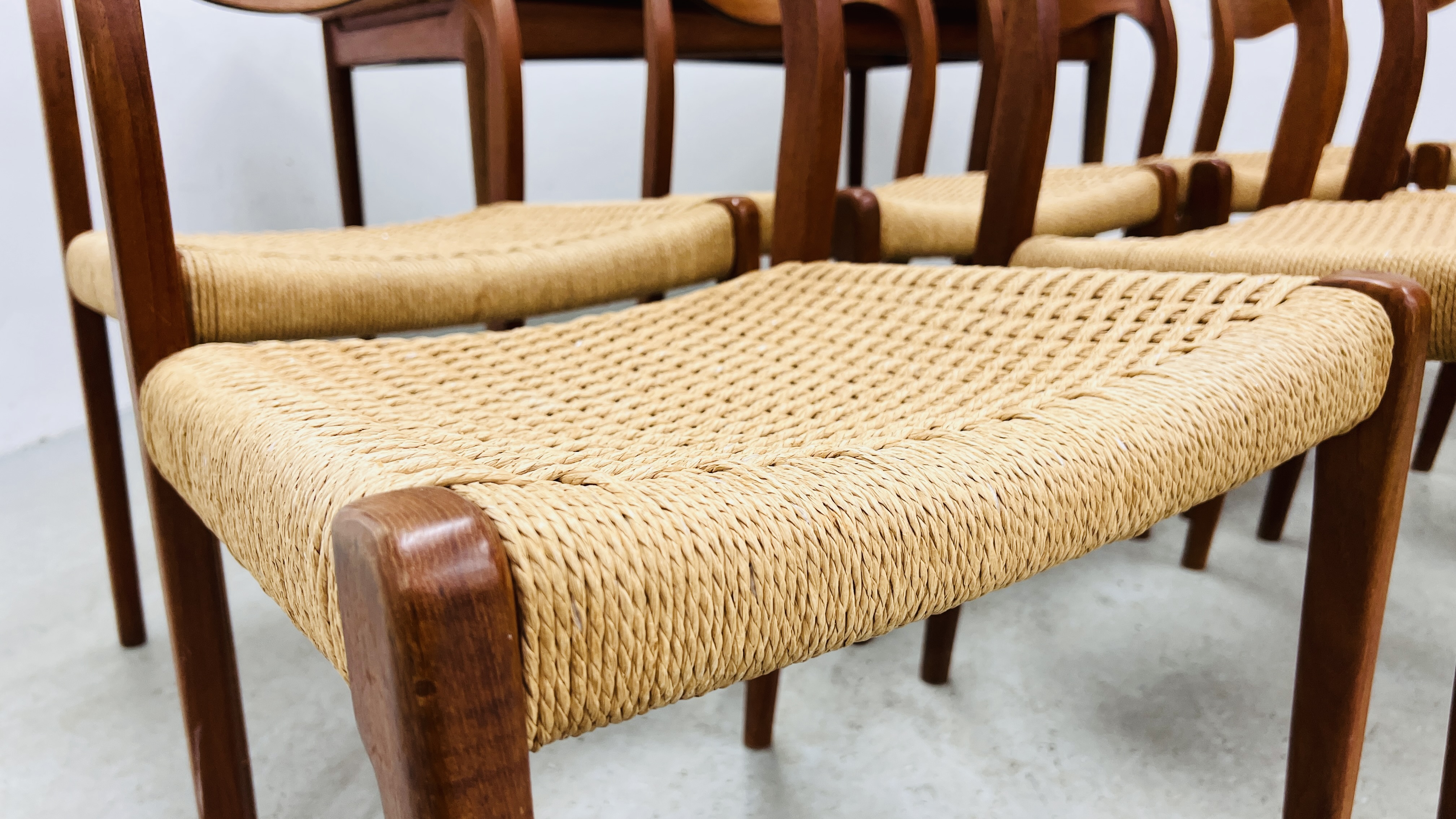 SET OF EIGHT J MOLLER DANISH TEAK DINING CHAIRS WITH WOVEN SISAL SEATS ALONG WITH A DRAWER LEAF - Image 18 of 48