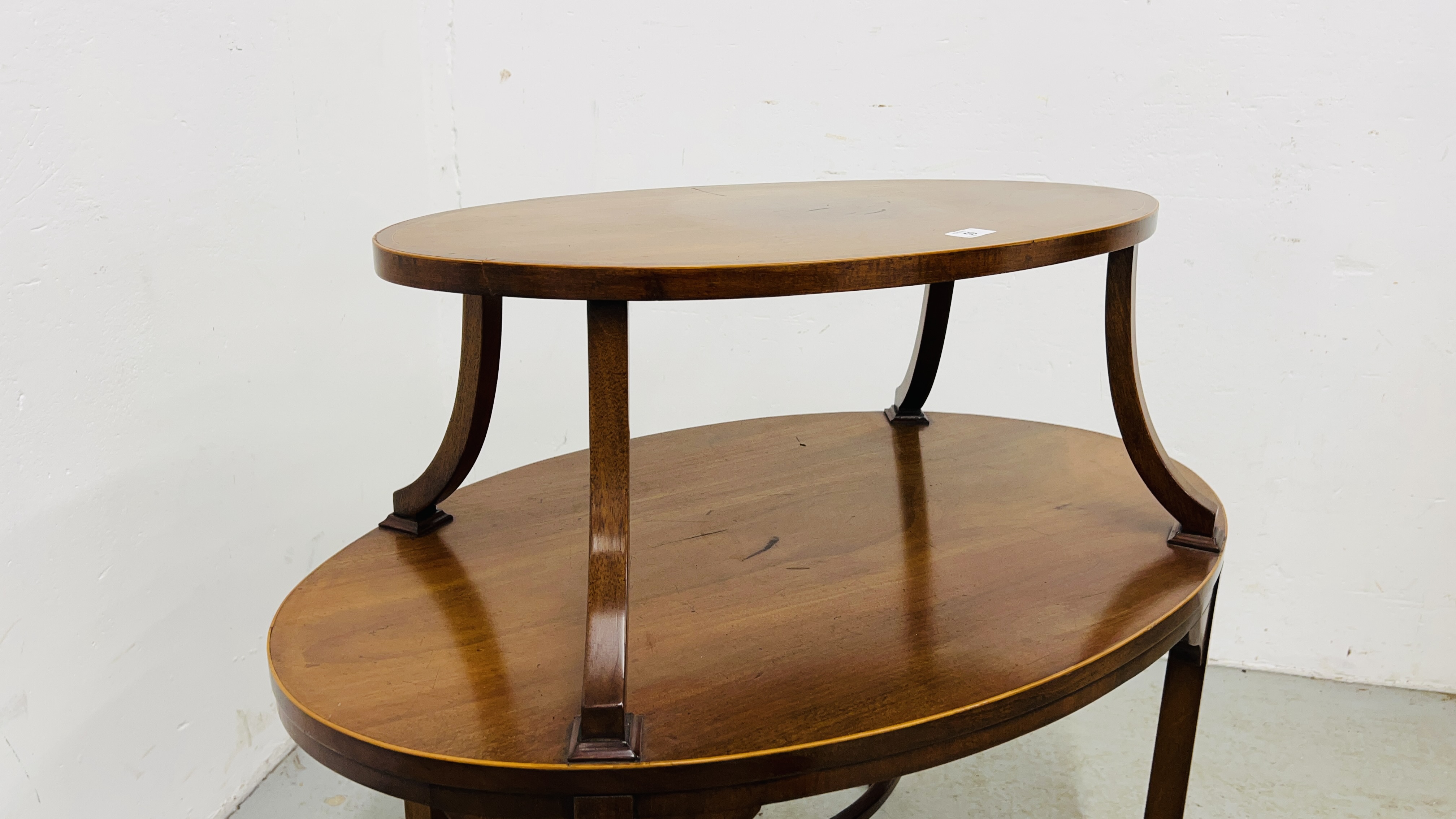 VINTAGE OVAL MAHOGANY FINISH TWO TIER OCCASIONAL TABLE WIDTH 88CM. DEPTH 55CM. HEIGHT 80CM. - Image 4 of 9