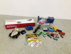 A BOX OF CORGI VEHICLES ALONG WITH BOXED PICOO REMOTE CONTROL HELICOPTER, A TIN OF COLLECTOR BADGES,