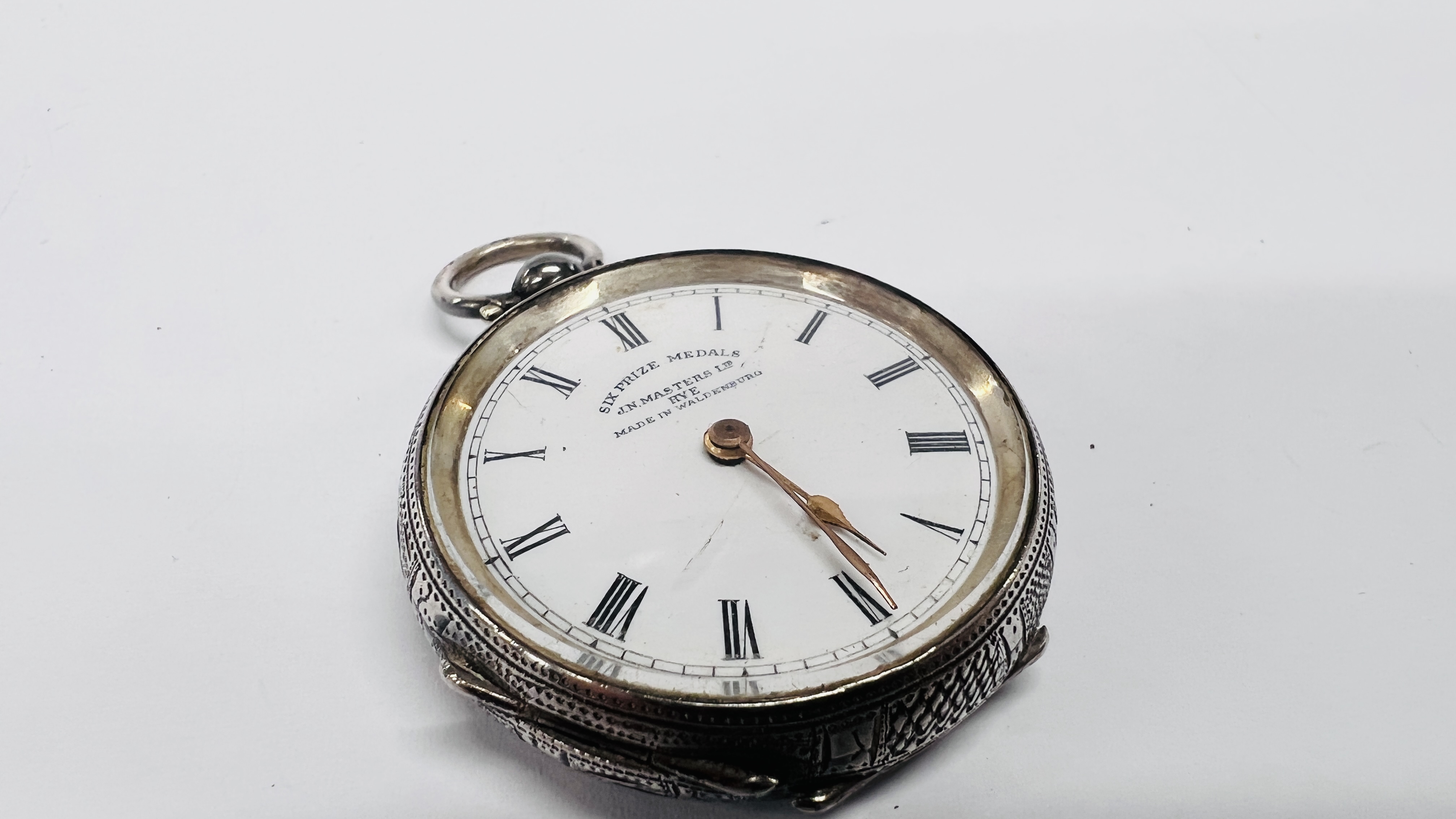 A CONTINENTAL SILVER LADY'S FOB WATCH, KEY WIND WITH WHITE ENAMEL DIAL, RETAILED BY MASTERS LTD, - Image 5 of 12
