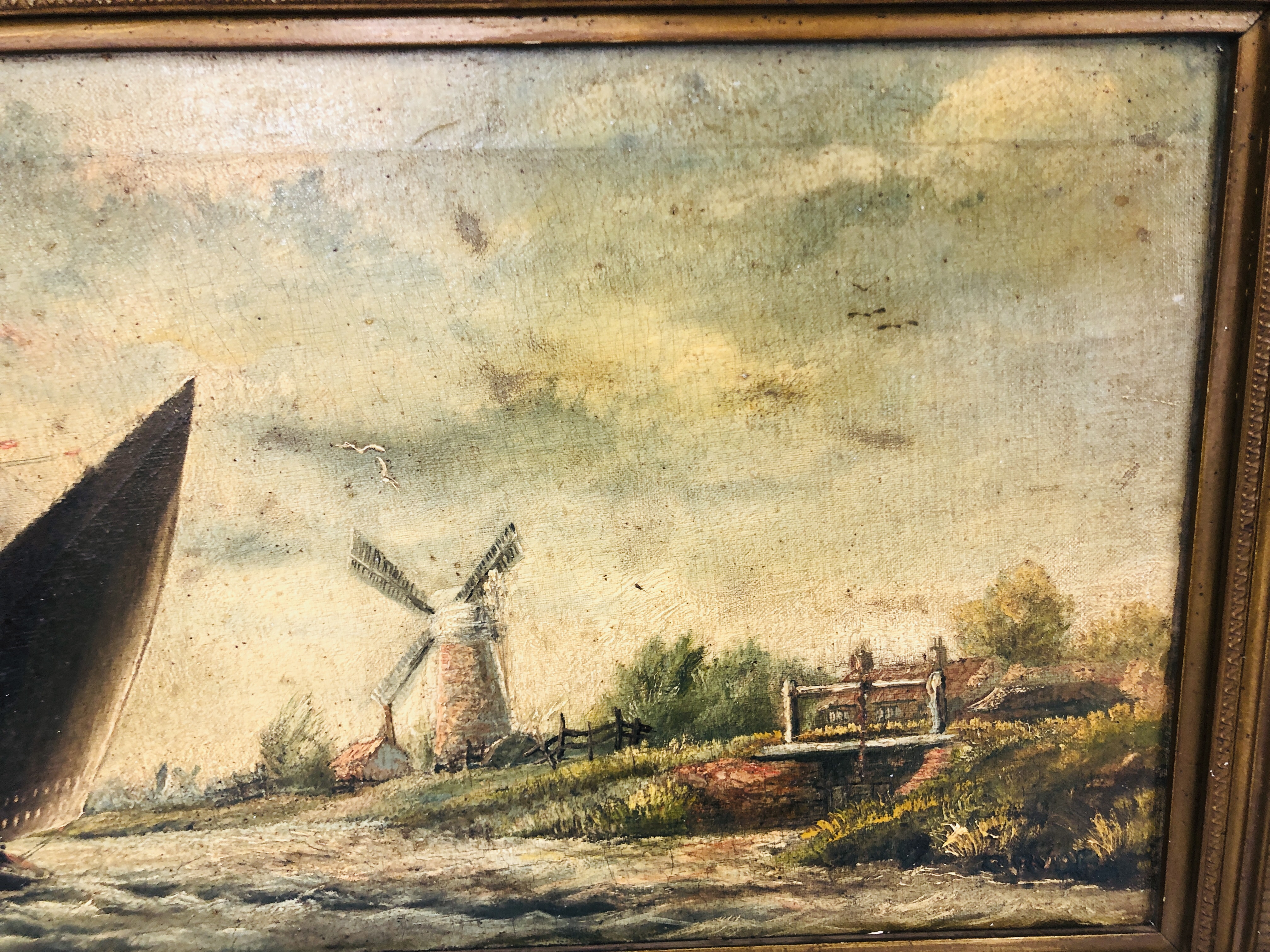 A GILT FRAMED OIL ON CANVAS DEPICTING SAILING BOAT ON THE RIVER PASSING A WINDMILL BEARING - Image 4 of 9
