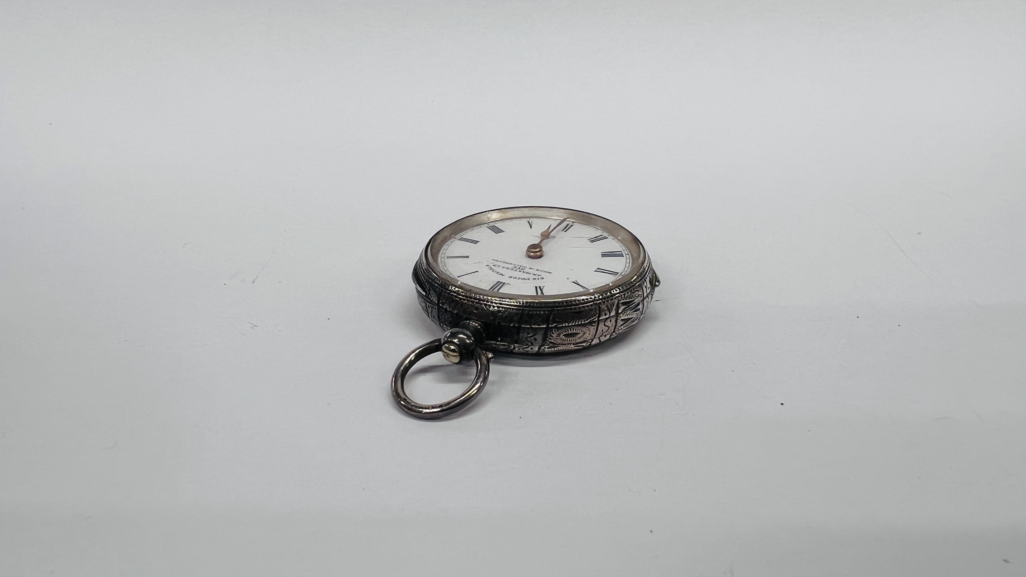 A CONTINENTAL SILVER LADY'S FOB WATCH, KEY WIND WITH WHITE ENAMEL DIAL, RETAILED BY MASTERS LTD, - Image 4 of 12