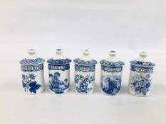 A GROUP OF 5 BLUE AND WHITE SPODE "THE SPODE BLUE ROOM COLLECTION" LIDDED HERB JARS HEIGHT 11CM.