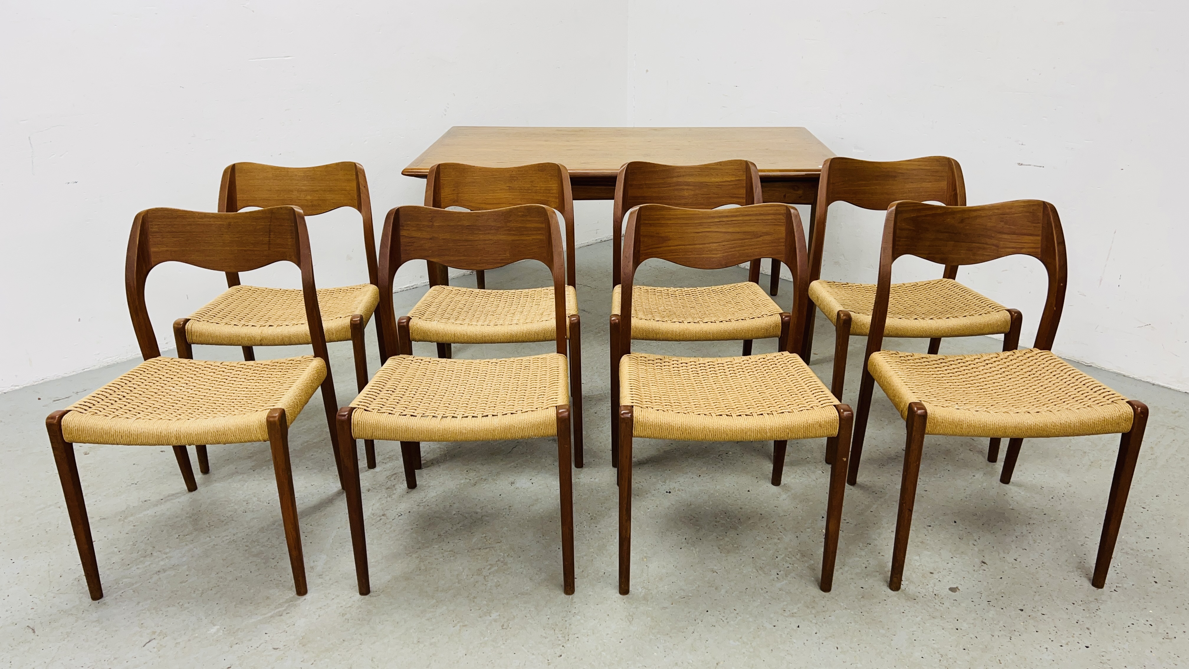 SET OF EIGHT J MOLLER DANISH TEAK DINING CHAIRS WITH WOVEN SISAL SEATS ALONG WITH A DRAWER LEAF - Image 2 of 48
