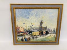 FRAMED OIL ON BOARD "YARMOUTH FAIR ON FULLERS HILL, NORTHGATE STREET" BY G. CHATTEN W 59.5CM X H 49.