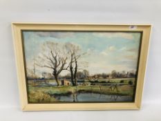 AN OIL ON BOARD OF CATTLE BESIDE THE POND BEARING SIGNATURE GEOFFREY BURROWS WIDTH 59CM.