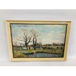 AN OIL ON BOARD OF CATTLE BESIDE THE POND BEARING SIGNATURE GEOFFREY BURROWS WIDTH 59CM.