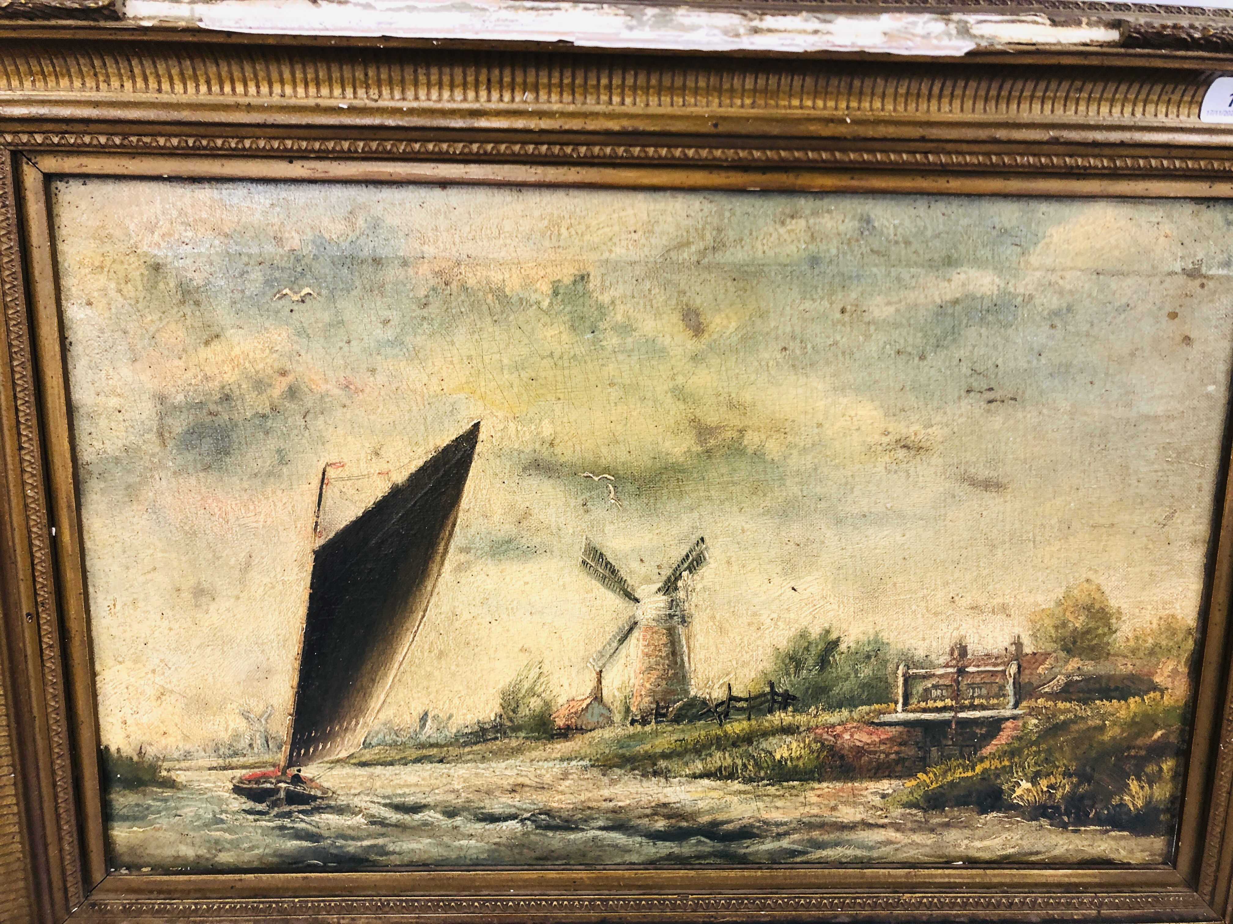 A GILT FRAMED OIL ON CANVAS DEPICTING SAILING BOAT ON THE RIVER PASSING A WINDMILL BEARING - Image 2 of 9