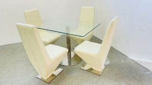 A MODERN DESIGNER GLASS TOP RECTANGULAR DINING TABLE SUPPORTED BY STAINLESS STEEL PEDESTAL COMPLETE