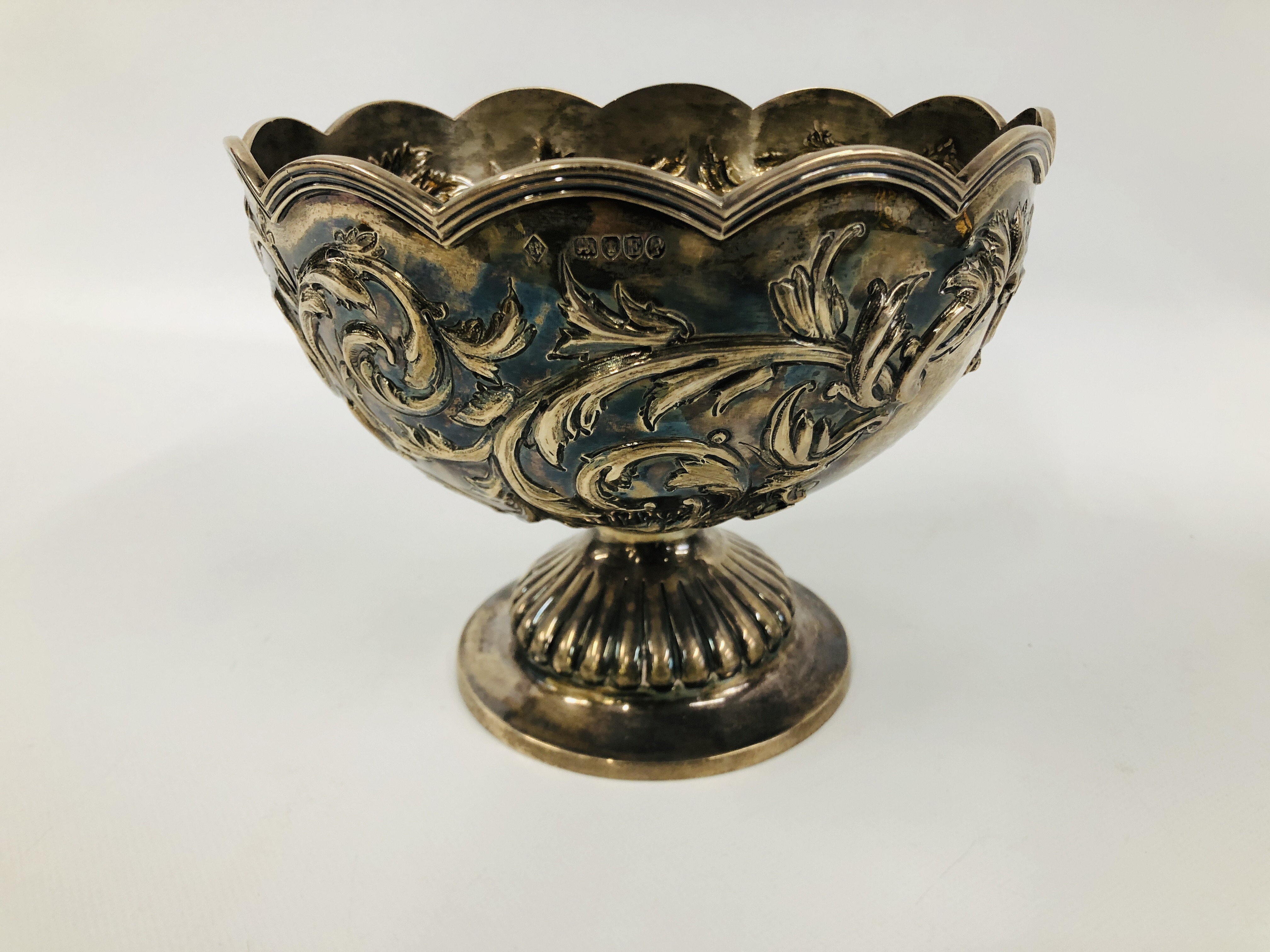 A VICTORIAN SILVER FOOTED ROSE BOWL THE WAVY RIM ABOVE SCROLLED LEAF DECORATION, - Image 7 of 11