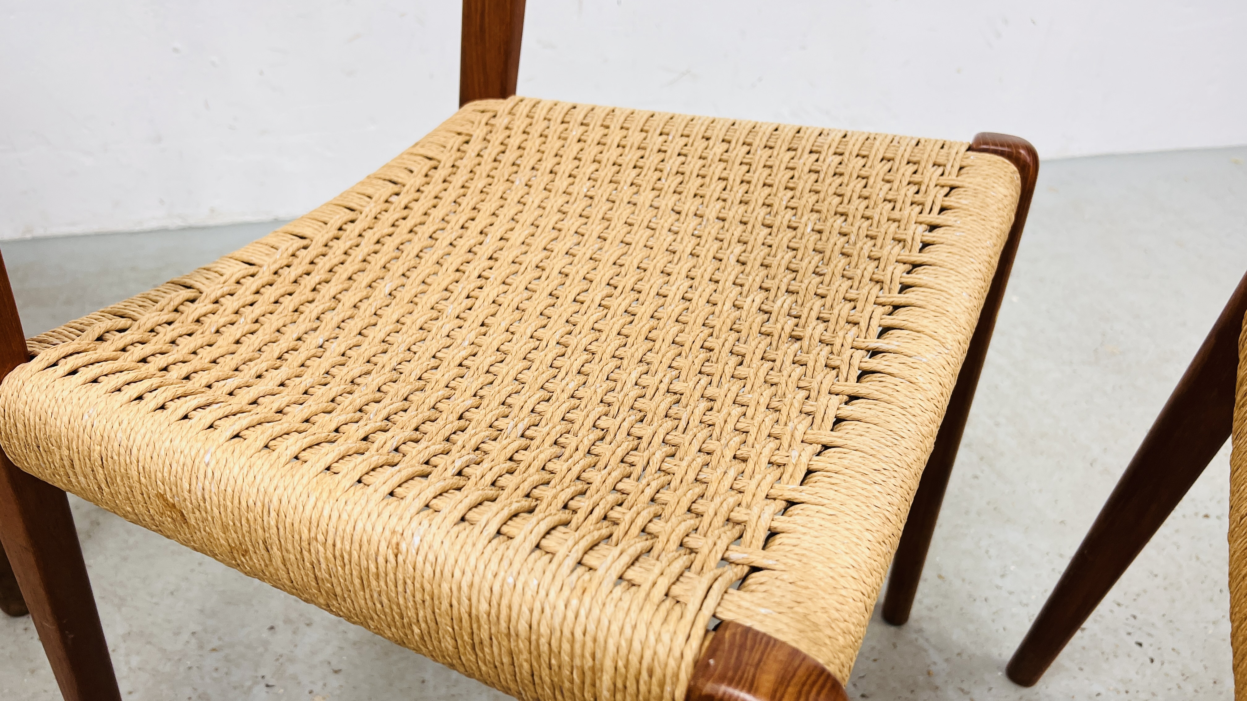 SET OF EIGHT J MOLLER DANISH TEAK DINING CHAIRS WITH WOVEN SISAL SEATS ALONG WITH A DRAWER LEAF - Image 30 of 48