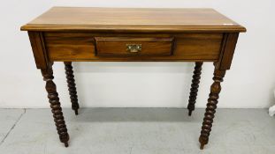 HARDWOOD SINGLE DRAWER HALL TABLE ON BOBBIN TURNED LEGS WIDTH 91CM. DEPTH 40CM. HEIGHT 75CM.