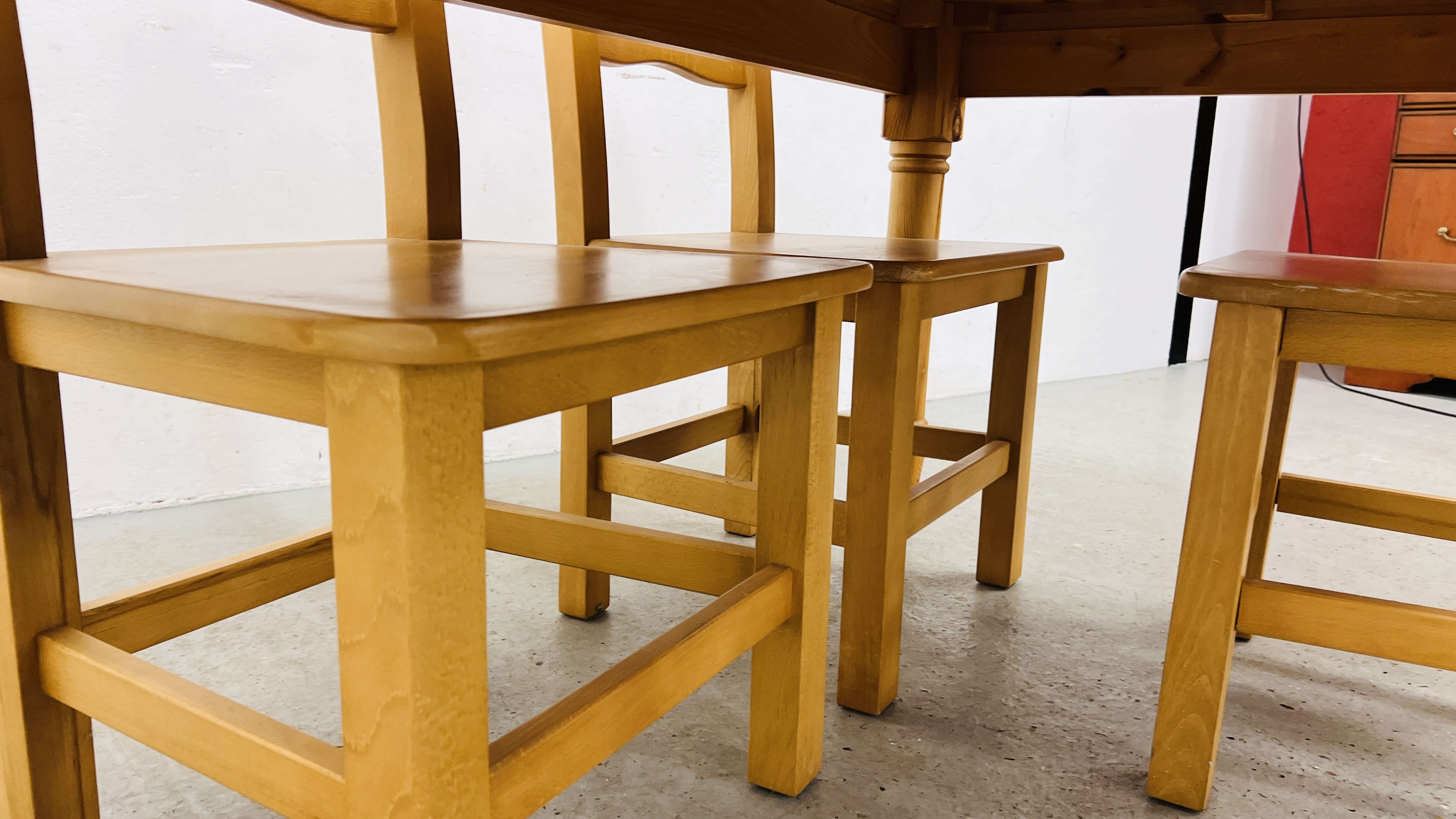 A SOLID NATURAL PINE RECTANGULAR DINING TABLE WITH CARVED DETAIL TO RAILS WIDTH 90CM. LENGTH 153CM. - Image 11 of 14