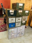 2 X VINTAGE METAL FOUR DRAWER FILING CABINETS ALONG WITH A GROUP OF FIVE DRAWERS.