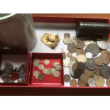 SMALL BOX VARIOUS COINS INCLUDING MALAYA, FEW BADGES, NORFOLK/T4 SHOULDER TITLE, ERASMIC TIN,