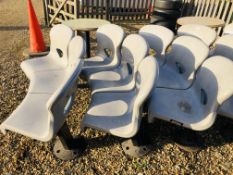 THREE X TRIPLE SEAT MOULDED PLASTIC BOWLING ALLEY BENCHES AND ONE PEDESTAL TABLE.