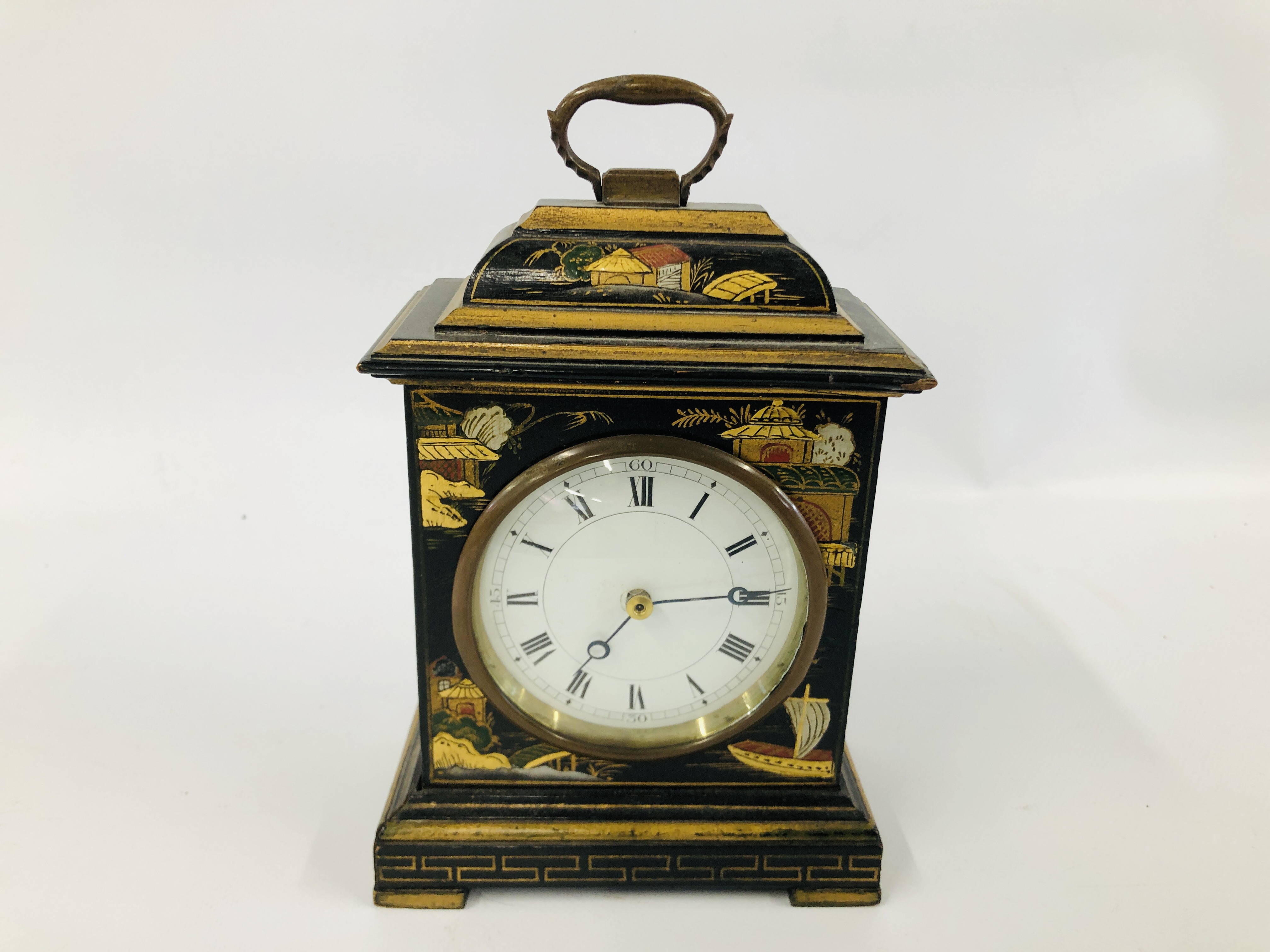 AN EARLY C.20TH ORIENTAL BLACK LACQUERED MANTEL CLOCK HEIGHT 19.5CM. - Image 7 of 13