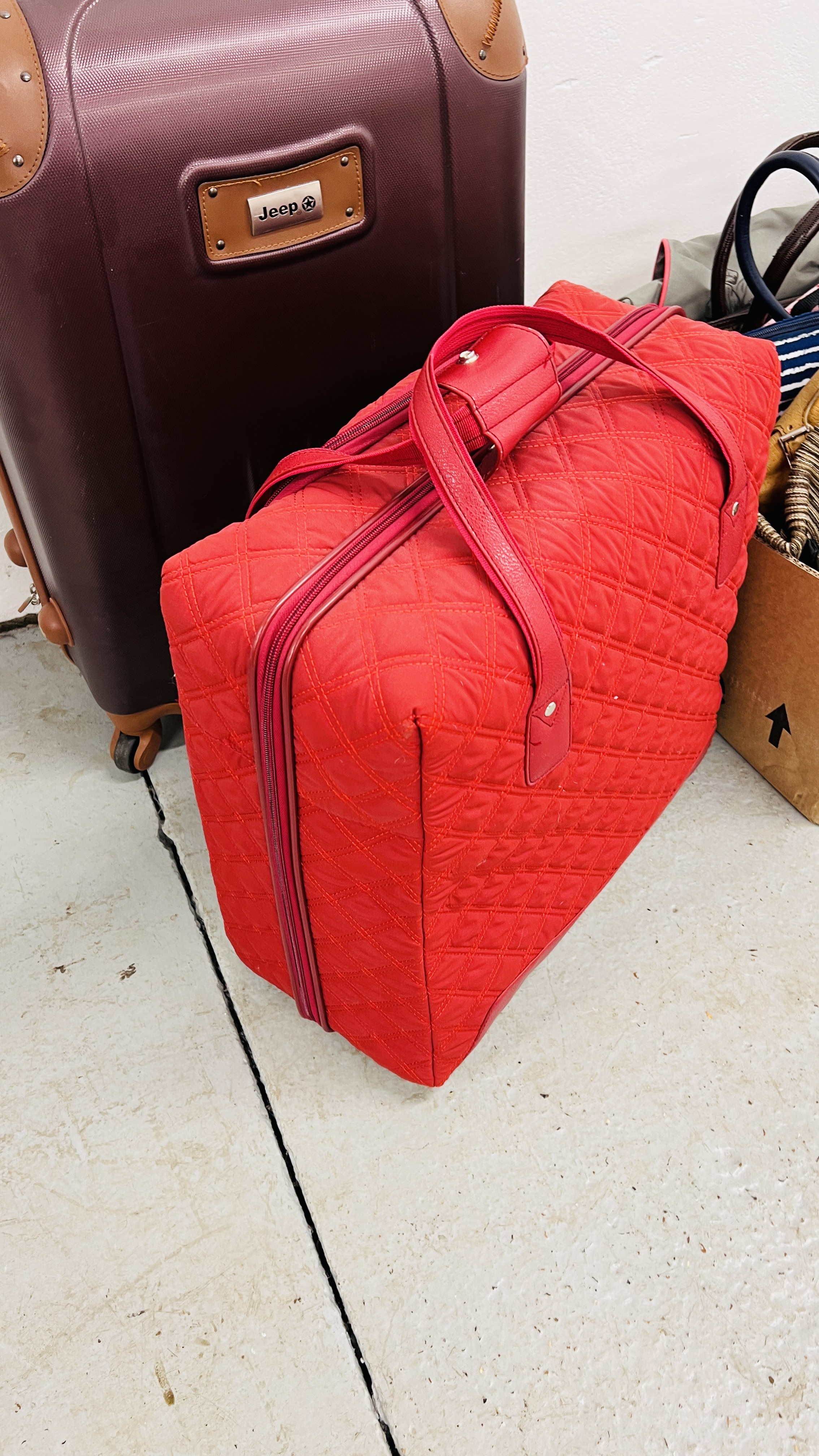 TWO BOXES CONTAINING ASSORTED LADIES FASHION BAGS, JEEP WHEELED LUGGAGE CASE, - Image 8 of 9