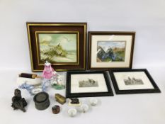 SMALL COLLECTION OF COLLECTIBLES TO INCLUDE COALPORT FIGURE, TRINKET BOXES, COW CREAMER,