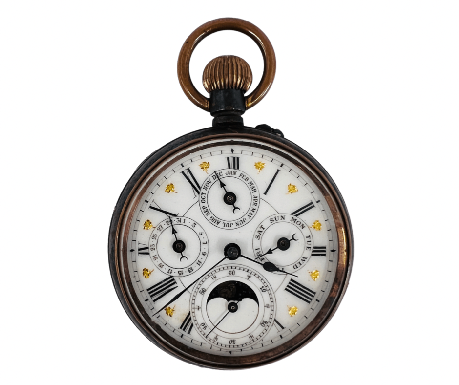 AN ACIER GARANTI SWISS MOON PHASE POCKET WATCH WITH FOUR SUBSIDERY DIALS,