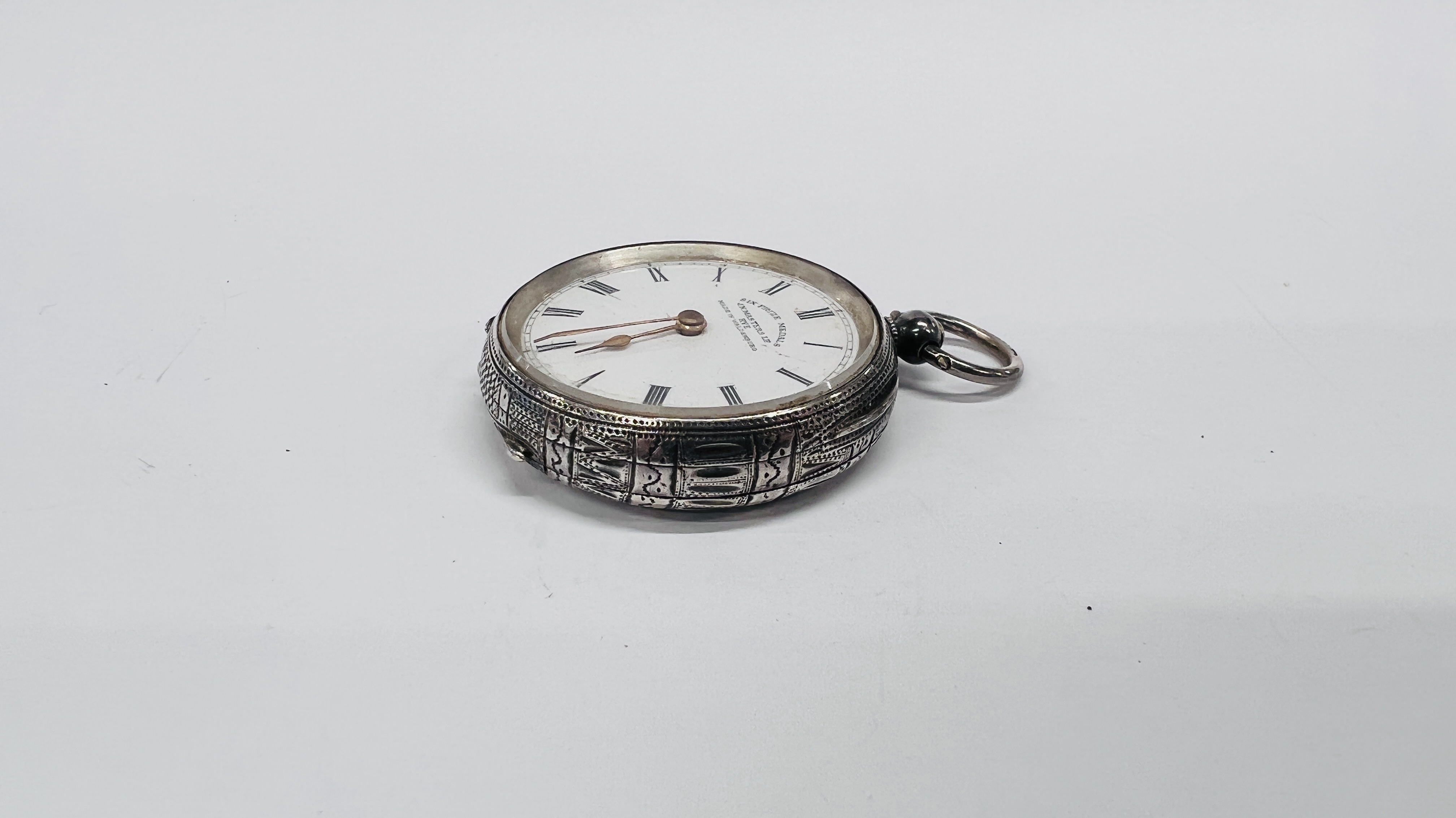 A CONTINENTAL SILVER LADY'S FOB WATCH, KEY WIND WITH WHITE ENAMEL DIAL, RETAILED BY MASTERS LTD, - Image 3 of 12