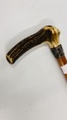 VINTAGE HORN HANDLED WALKING STICK WITH SILVER MOUNT.