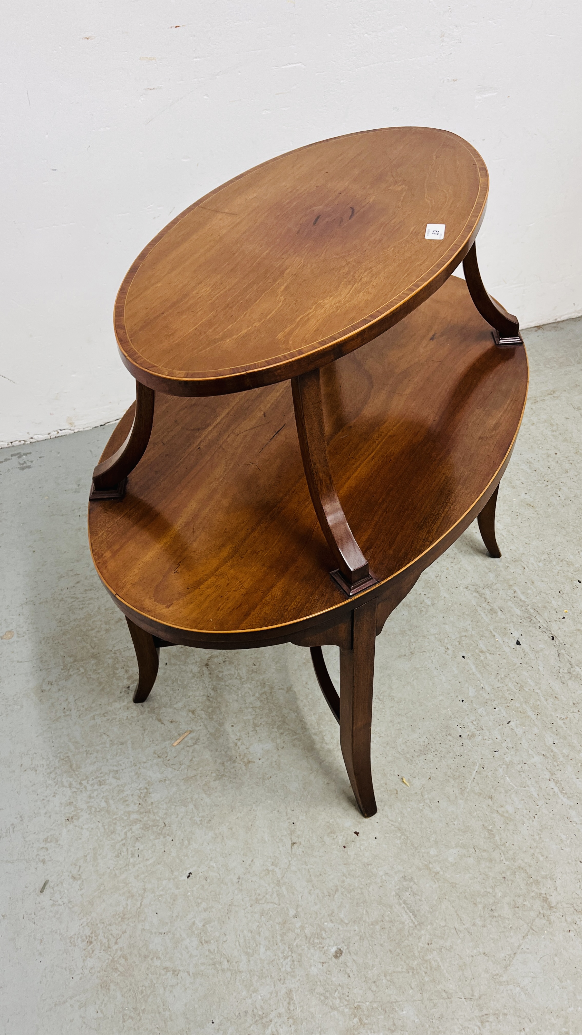 VINTAGE OVAL MAHOGANY FINISH TWO TIER OCCASIONAL TABLE WIDTH 88CM. DEPTH 55CM. HEIGHT 80CM. - Image 9 of 9
