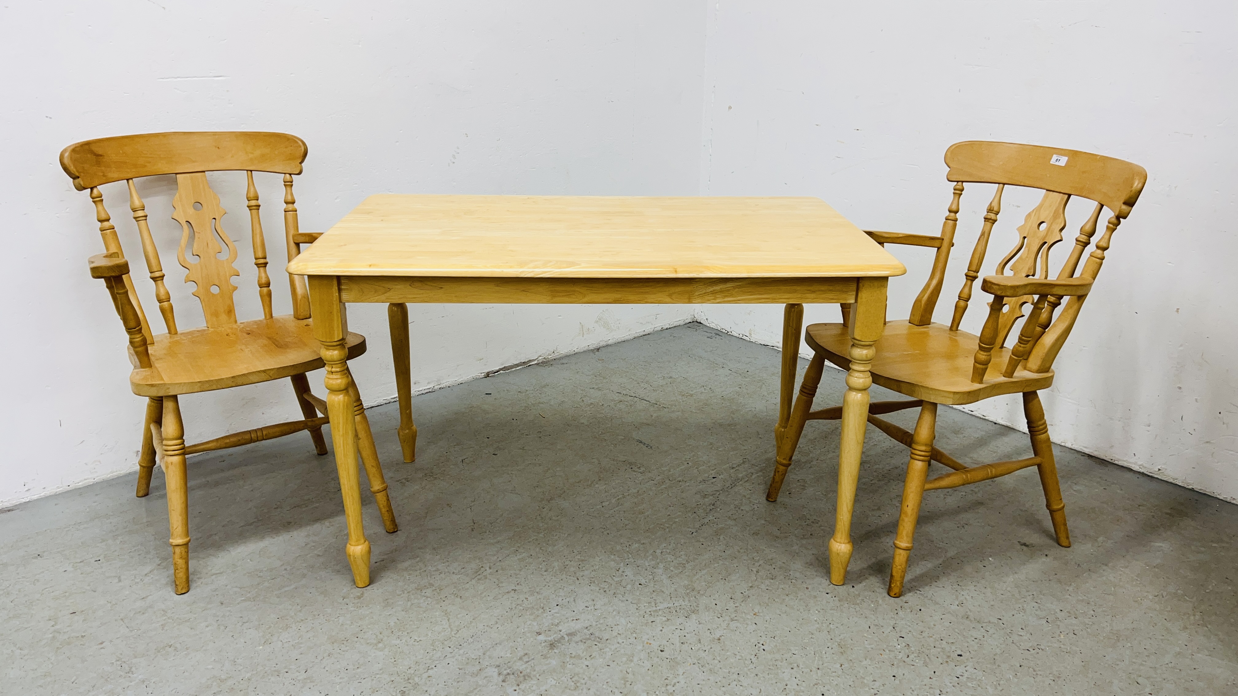 BEECHWOOD DINING TABLE ALONG WITH A PAIR OF GOOD QUALITY BEECHWOOD ARMCHAIRS.