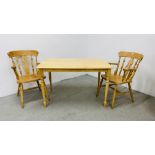 BEECHWOOD DINING TABLE ALONG WITH A PAIR OF GOOD QUALITY BEECHWOOD ARMCHAIRS.