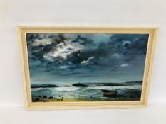 A FRAMED AND MOUNTED OIL ON BOARD OF CORNWALL BEACH SCENE BEARING SIGNATURE D.