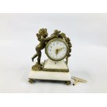 VINTAGE C19TH FRENCH GILDED ORMOLU AND WHITE MARBLE MANTEL CLOCK ON FOUR RAISED FEET ONE OF WHICH