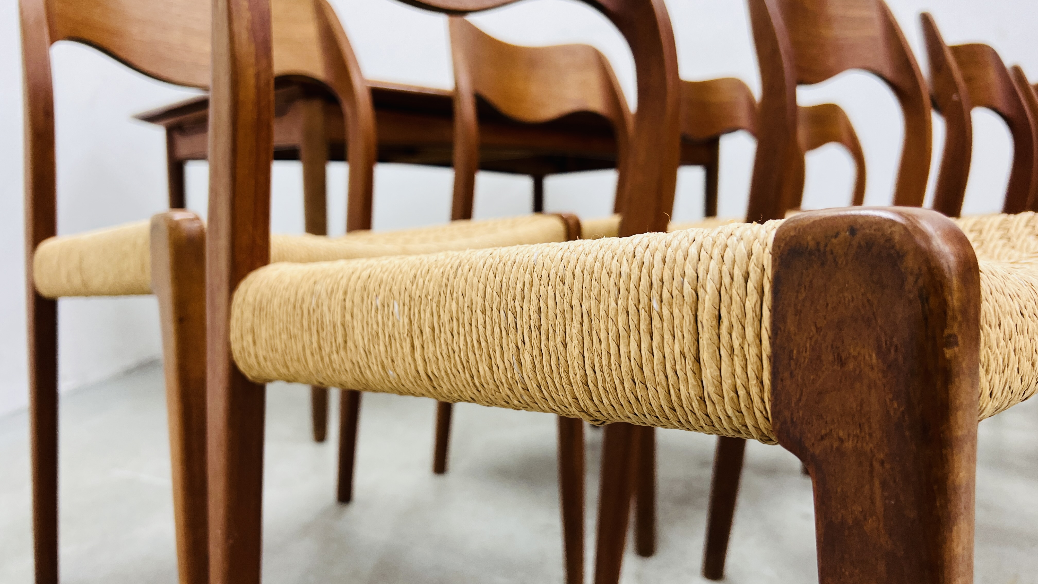 SET OF EIGHT J MOLLER DANISH TEAK DINING CHAIRS WITH WOVEN SISAL SEATS ALONG WITH A DRAWER LEAF - Image 20 of 48