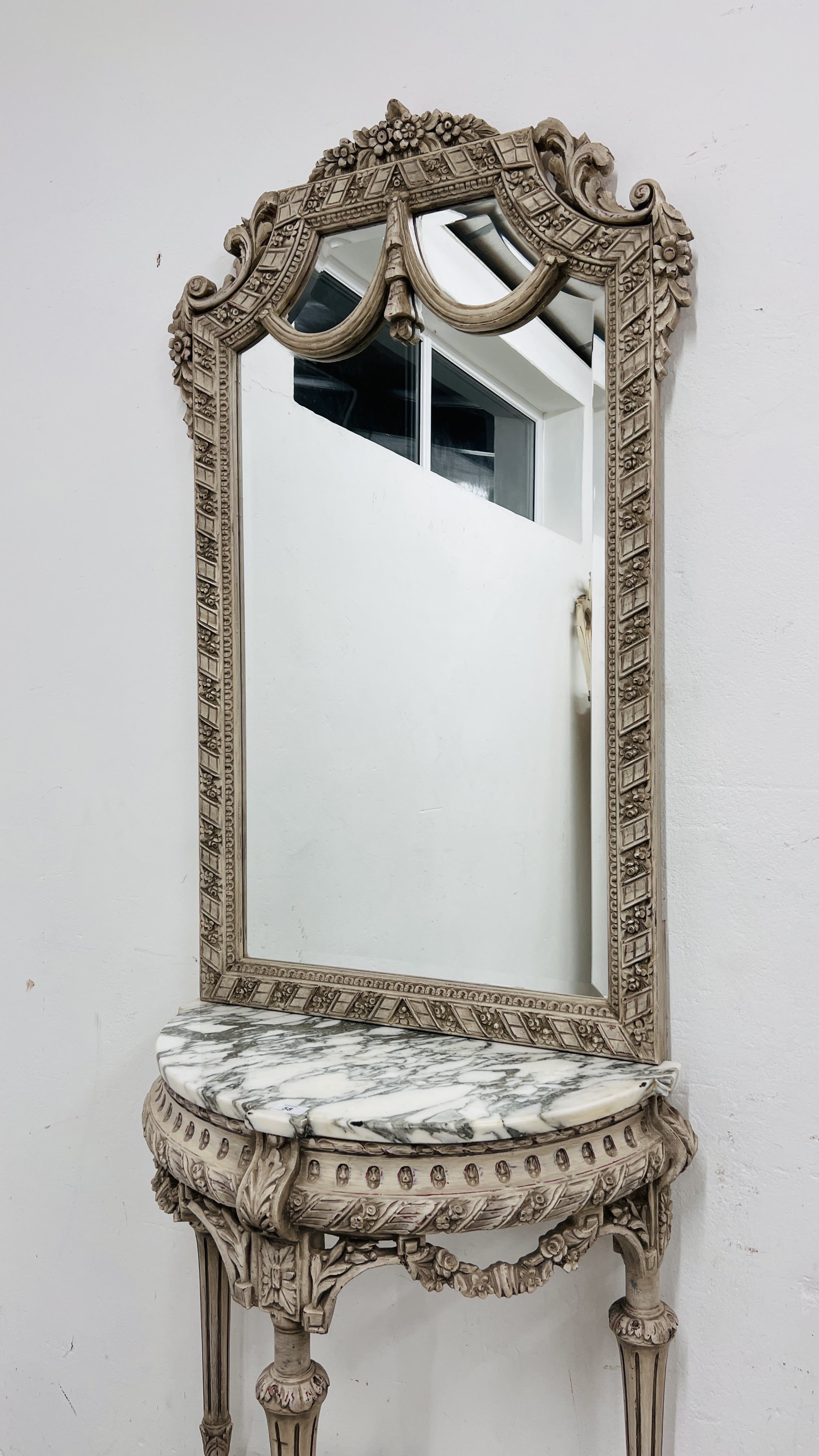A CONTINENTAL MARBLE TOP HALF MOON SIDE TABLE ON ORNATE CARVED BASE AND SHELF BELOW WITH MIRRORED - Image 2 of 10