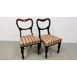 A PAIR OF MAHOGANY VICTORIAN SIDE CHAIRS WITH PLAID COVER SEATS.