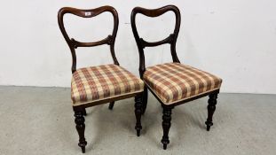 A PAIR OF MAHOGANY VICTORIAN SIDE CHAIRS WITH PLAID COVER SEATS.