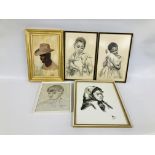 GROUP OF FIVE PORTRAIT PRINTS TO INCLUDE AN ORIGINAL OIL ON BOARD + A PAIR BEARING SIGNATURE JANE