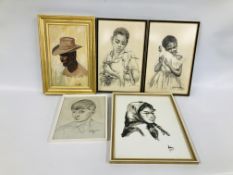 GROUP OF FIVE PORTRAIT PRINTS TO INCLUDE AN ORIGINAL OIL ON BOARD + A PAIR BEARING SIGNATURE JANE