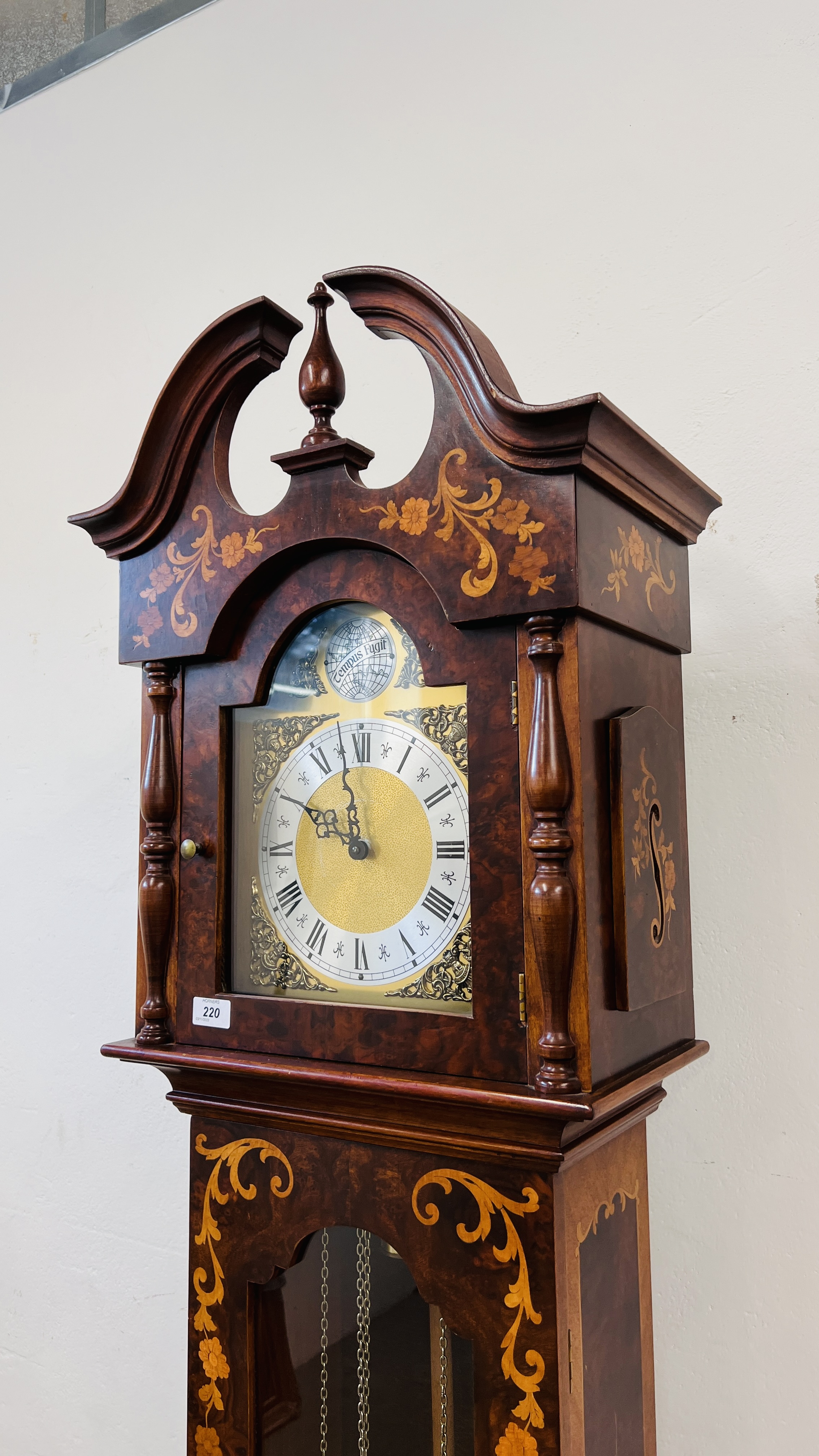 A REPRODUCTION DUTCH STYLE LONG CASE CLOCK WITH MARQUETRY INLAID STYLE DETAILING FACE MARKED TEMPUS - Image 2 of 13