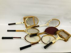 A GROUP OF SEVEN VARIOUS VINTAGE TENNIS RACKETS SLAZENGER (TWO IN DUNLOP WOODEN FRAMES).