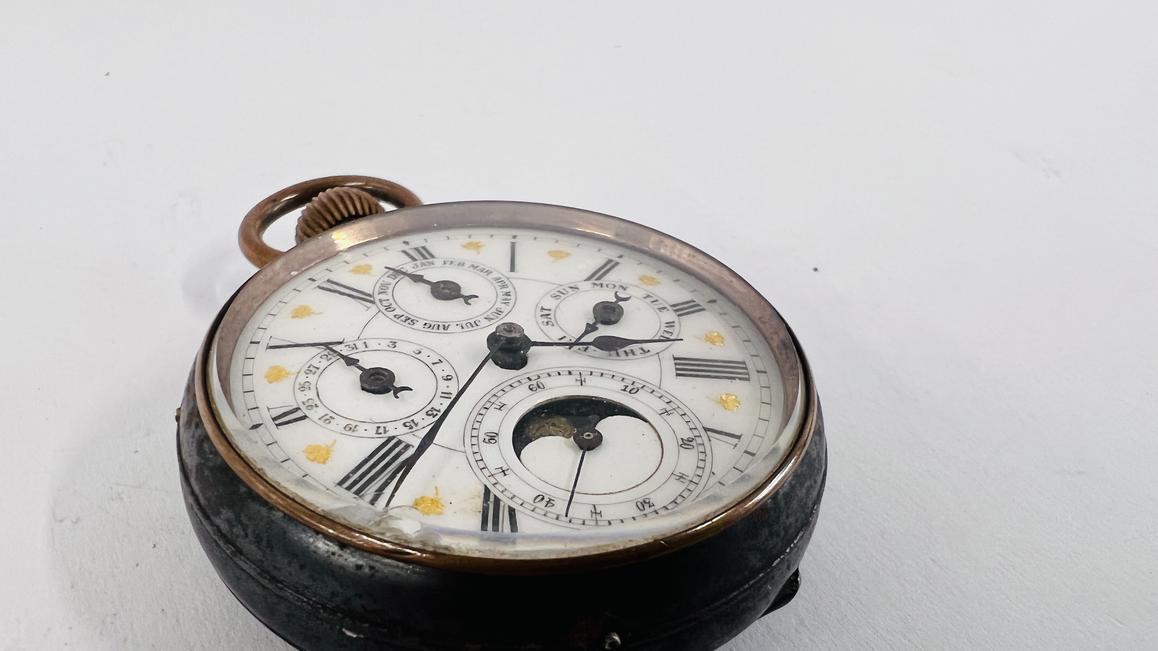 AN ACIER GARANTI SWISS MOON PHASE POCKET WATCH WITH FOUR SUBSIDERY DIALS, - Image 3 of 12